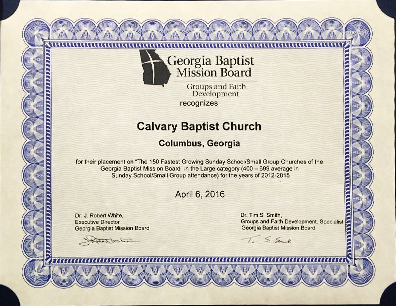 Georgia Baptist Certificate for fastest growing life group church